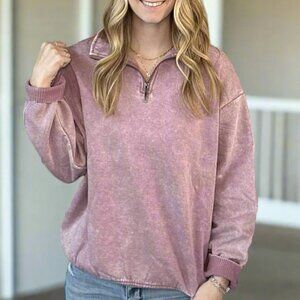 Zenana NWT Pink Quarter Zip Sweatshirt Acid Wash Pullover